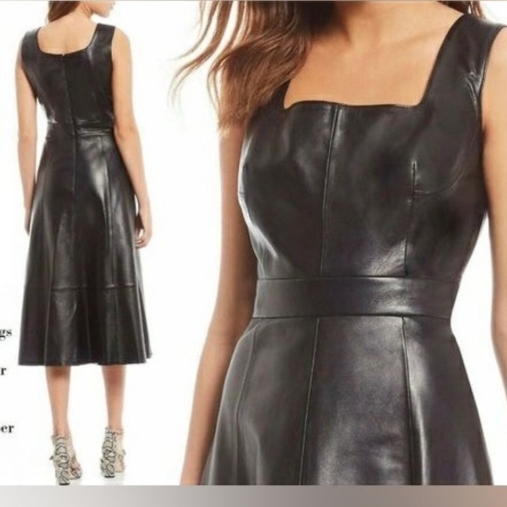 Antonio Melani Black Leather MIDI Dress Size 8